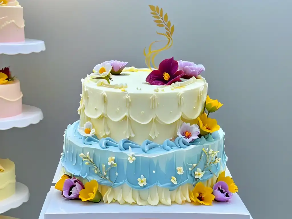 Exquisito pastel de tres pisos decorado con detalle y elegancia