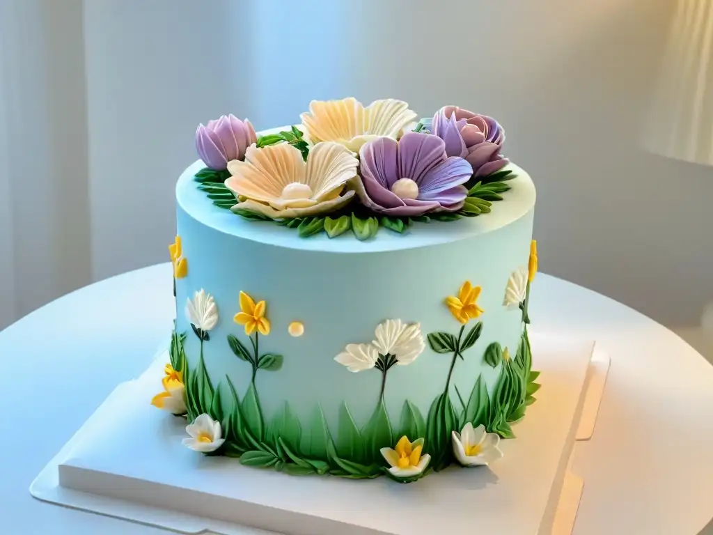 Un exquisito pastel de tres pisos decorado con detalles florales en tonos pastel, ideal para concursos de repostería