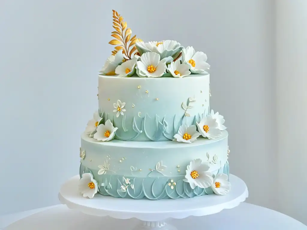 Exquisito pastel de tres pisos decorado con detalle y elegancia en un elegante mostrador de mármol blanco