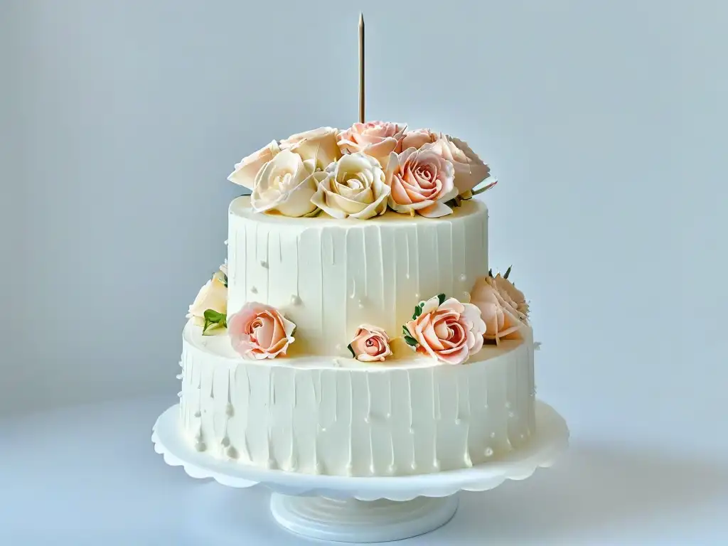 Un exquisito pastel de tres pisos decorado con rosas de azúcar en tonos rosa y marfil, sobre un elegante soporte de mármol blanco