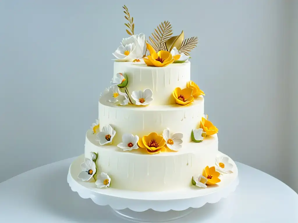 Exquisito pastel de tres pisos decorado con flores de azúcar y detalles en dorado