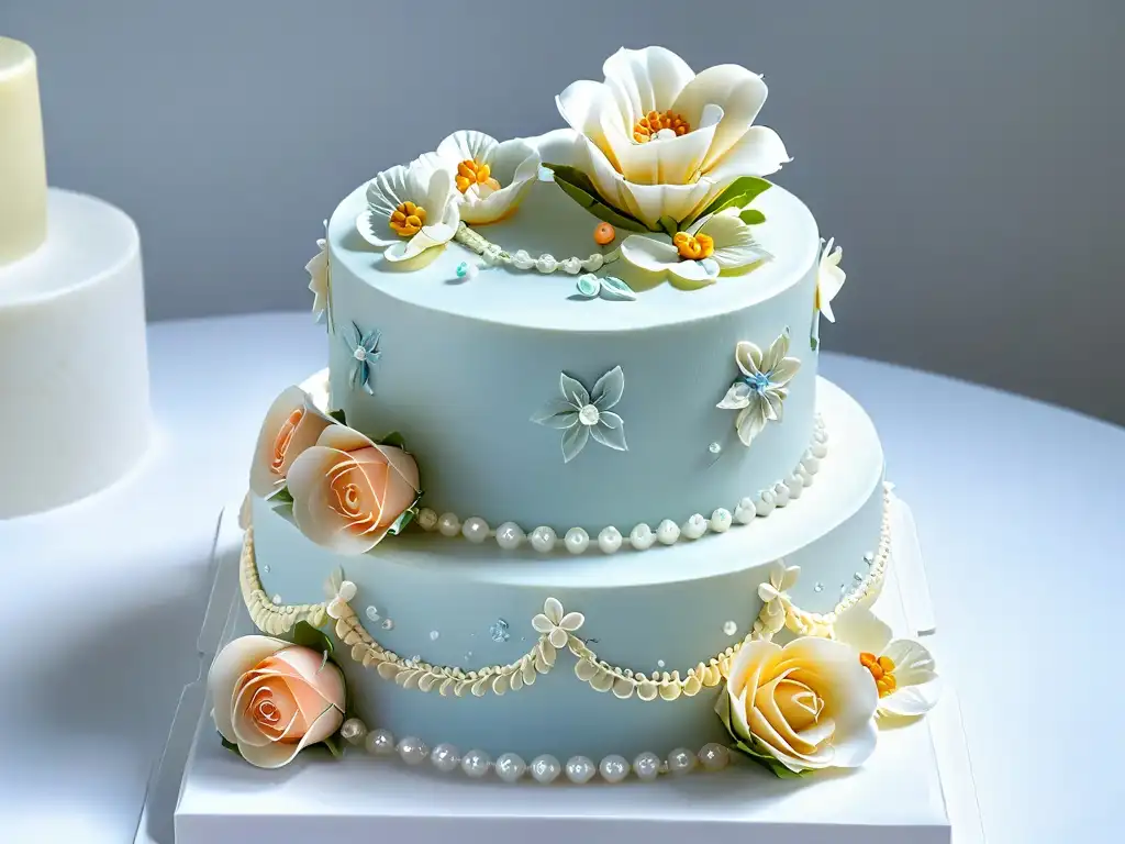 Un exquisito pastel de tres pisos decorado con detalle, flores de fondant y perlas comestibles sobre una mesa de mármol blanco iluminado naturalmente