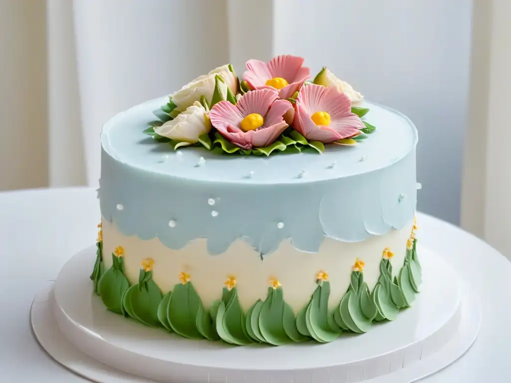 Un exquisito pastel de tres pisos con detalles florales en tonos pasteles, sobre un soporte de mármol