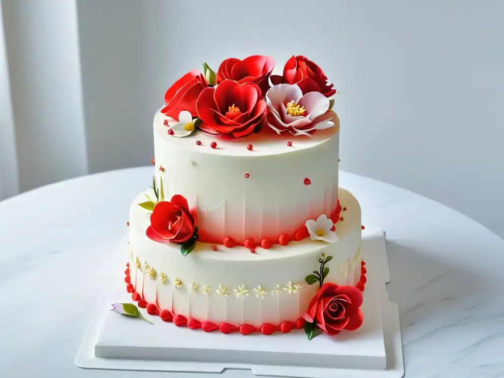 Un exquisito pastel de tres pisos con flores de azúcar en tonos rojos, rosas y blancos