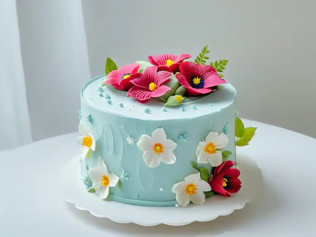 Exquisito pastel de tres pisos con flores comestibles en tonos pastel, destacando la creatividad de la pastelería en aplicaciones móviles