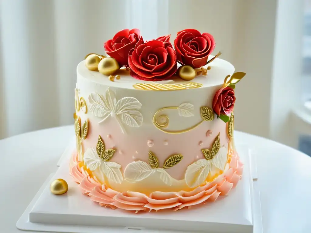 Exquisito pastel de varios pisos en tonos rosados y dorados para fiesta de Quince, con detalles de encaje y rosas de fondant