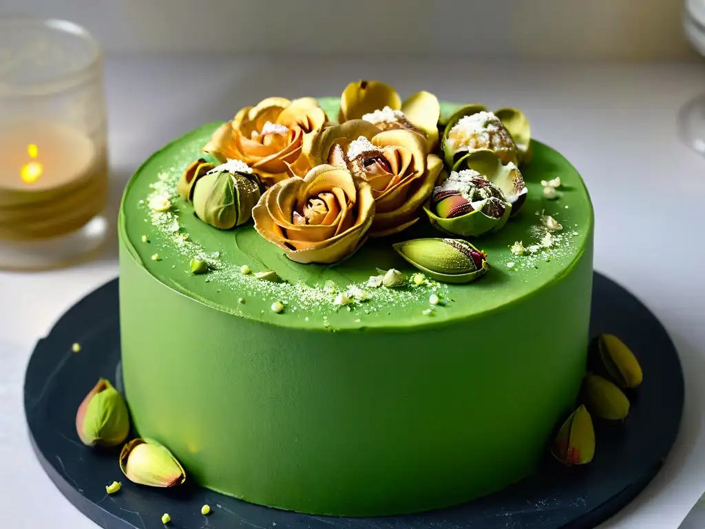 Un exquisito pastel de pistacho y agua de rosas, decorado con oro comestible, sobre un plato de mármol negro