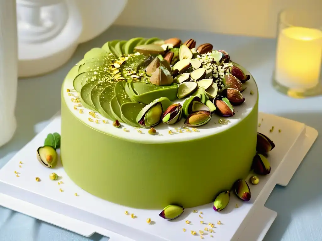 Un exquisito pastel de pistachos de Irán, en un ambiente de lujo y repostería refinada