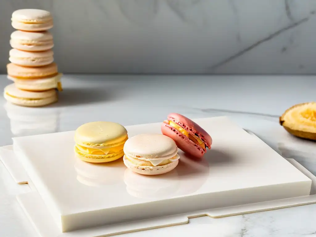 Un exquisito macaron pastel en un plato moderno sobre mármol, ideal para receta macarons saludables caseros