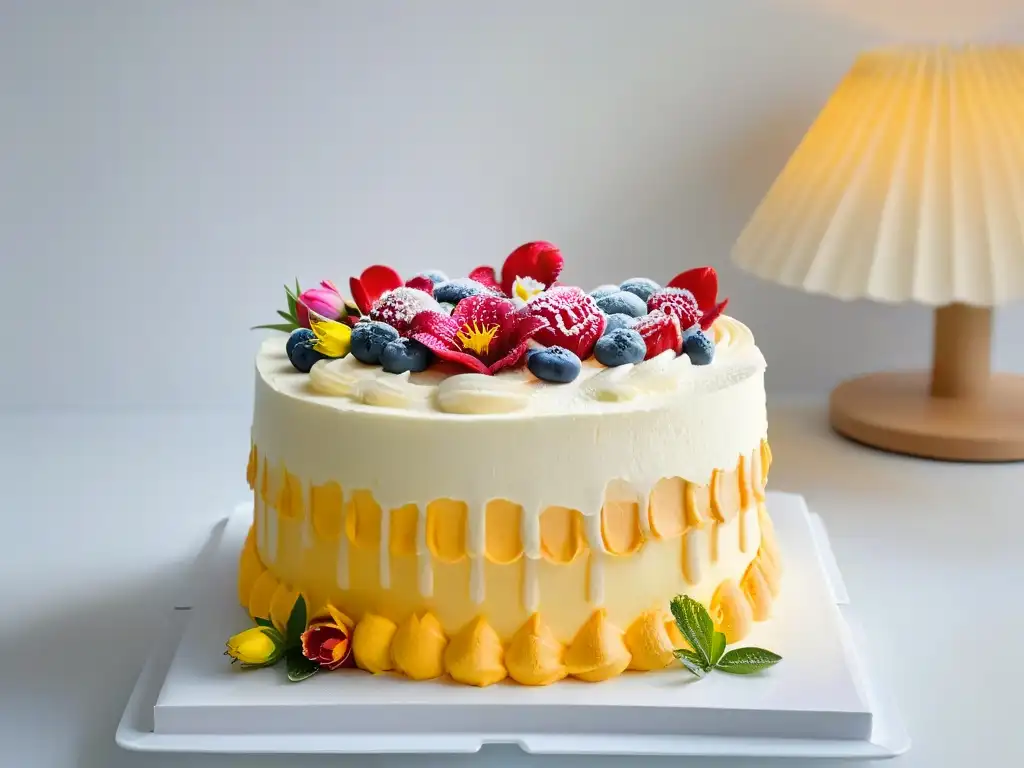 Un exquisito pastel de postres sostenibles con ingredientes reciclados, con capas de esponjoso bizcocho, glaseado decadente y flores comestibles