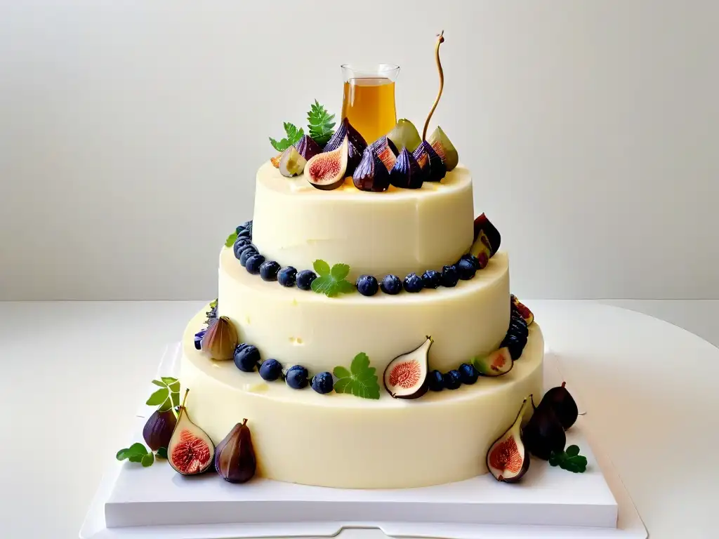 Exquisito pastel de quesos para bodas con higos frescos y uvas, decorado con miel