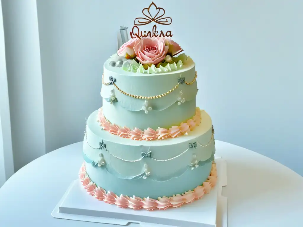 Exquisito pastel de Quinceañera con detalles en fondant pastel y perlas comestibles
