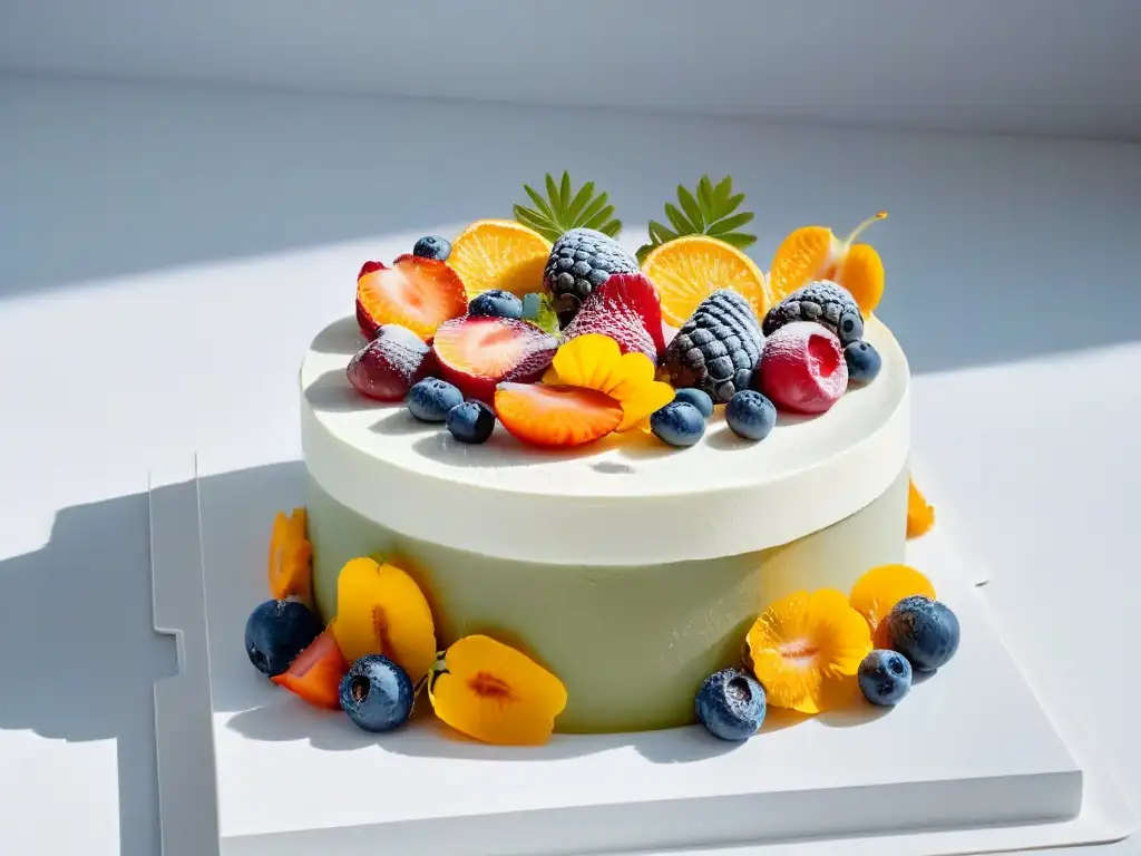 Un exquisito pastel rodeado de frutas frescas y flores comestibles en una elegante encimera de mármol blanco