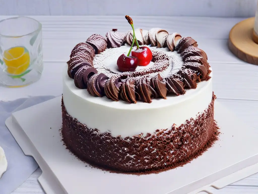 Un exquisito pastel Selva Negra recién horneado, con capas de bizcocho de chocolate, crema batida, cerezas y virutas de chocolate