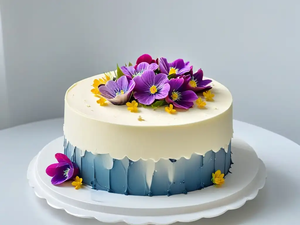 Exquisito pastel simétrico con flores comestibles, en un elegante soporte de mármol