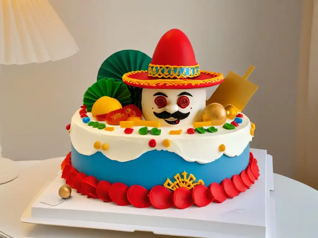 Exquisito pastel temático con diseños inclusivos de cultura: dragón chino, sombrero mexicano, máscara africana y castillo europeo