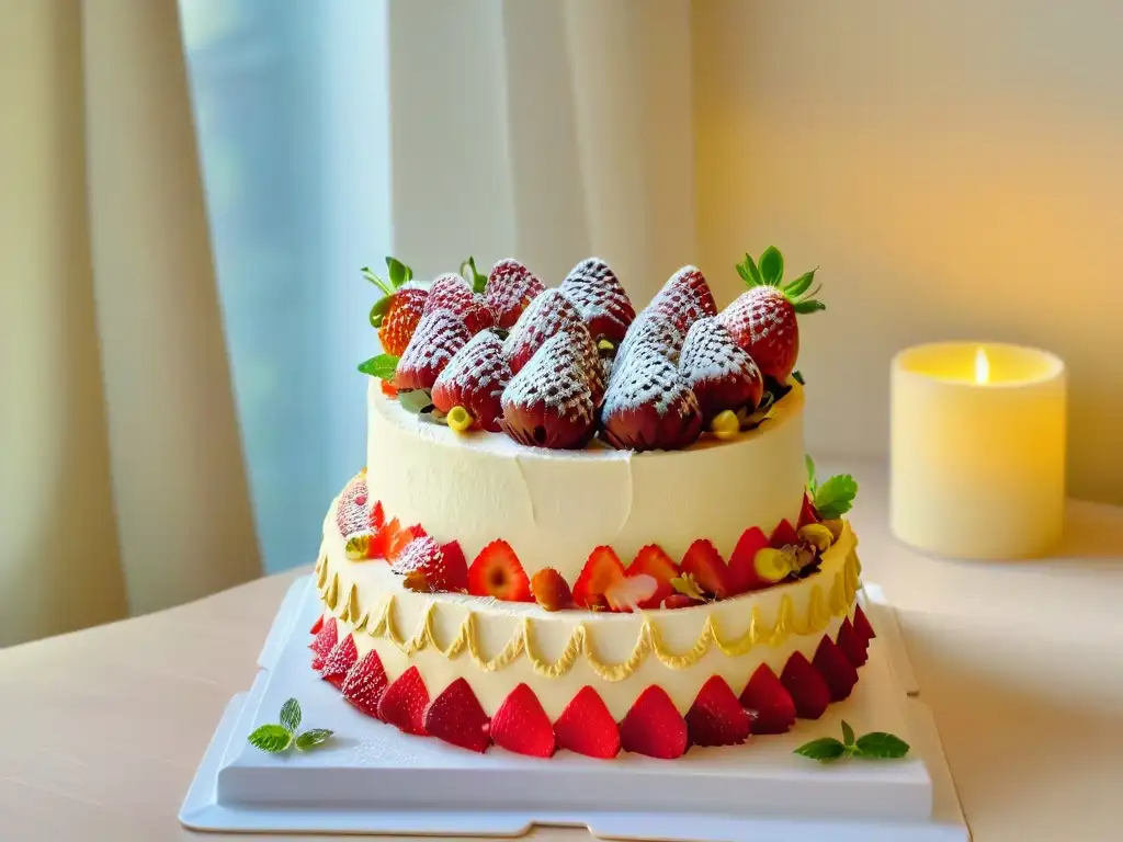 Exquisito pastel de terciopelo rojo con fresas y detalles de oro comestible