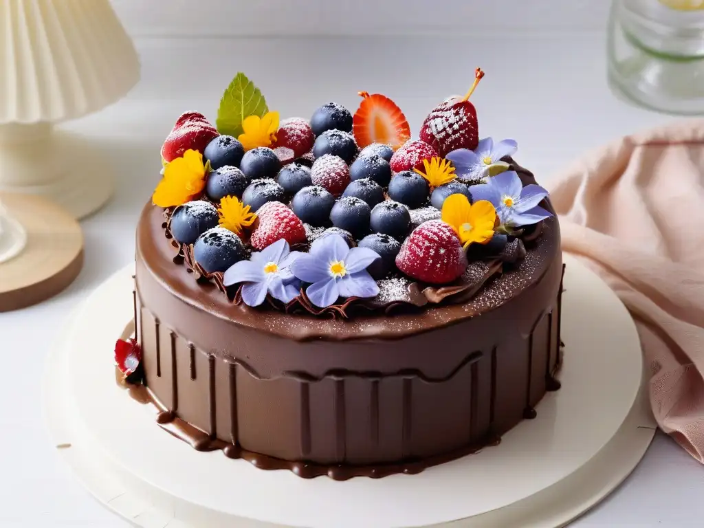 Un exquisito pastel vegano de chocolate decorado con frutas y flores comestibles, en un elegante soporte blanco