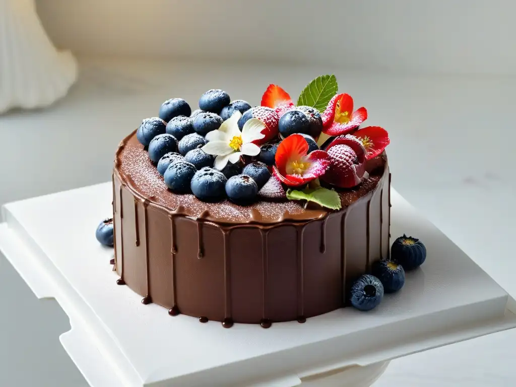 Exquisito pastel vegano de chocolate con frutas y flores Exquisito pastel vegano de chocolate decorado con frutas y flores comestibles en soporte de mármol