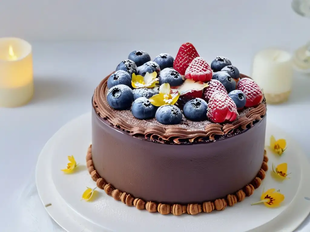 Un exquisito pastel vegano de chocolate decorado con frutas frescas y flores comestibles, sobre un soporte blanco