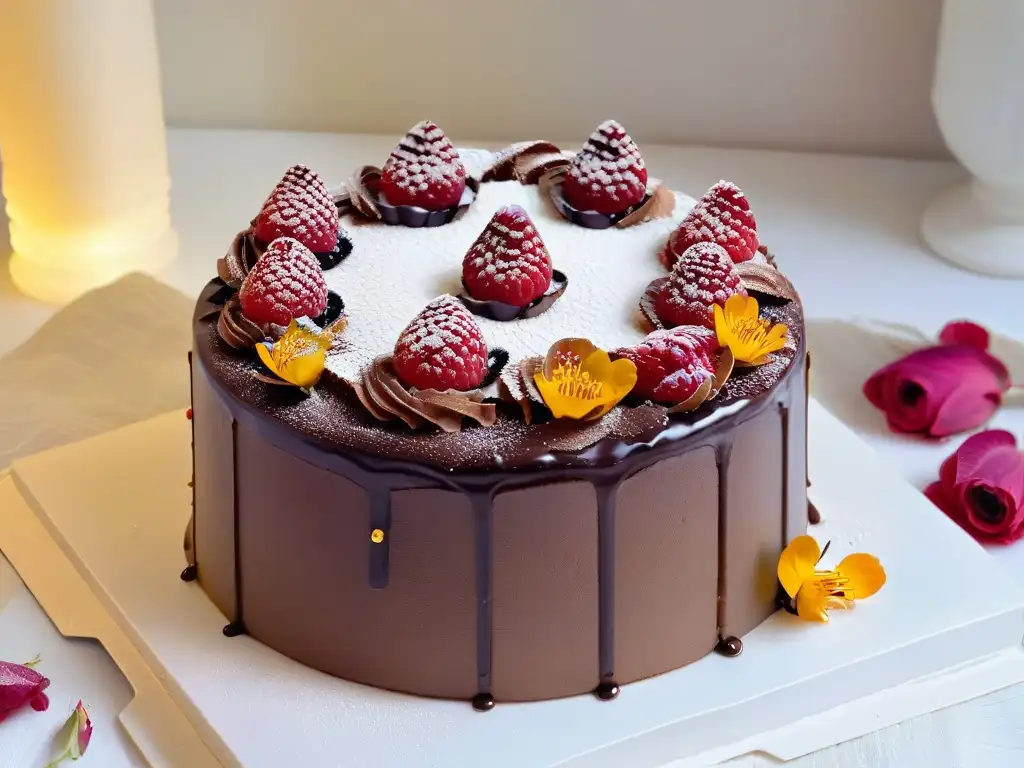 Exquisito pastel vegano de chocolate decorado con frambuesas y flores comestibles, una de las mejores opciones postres veganos