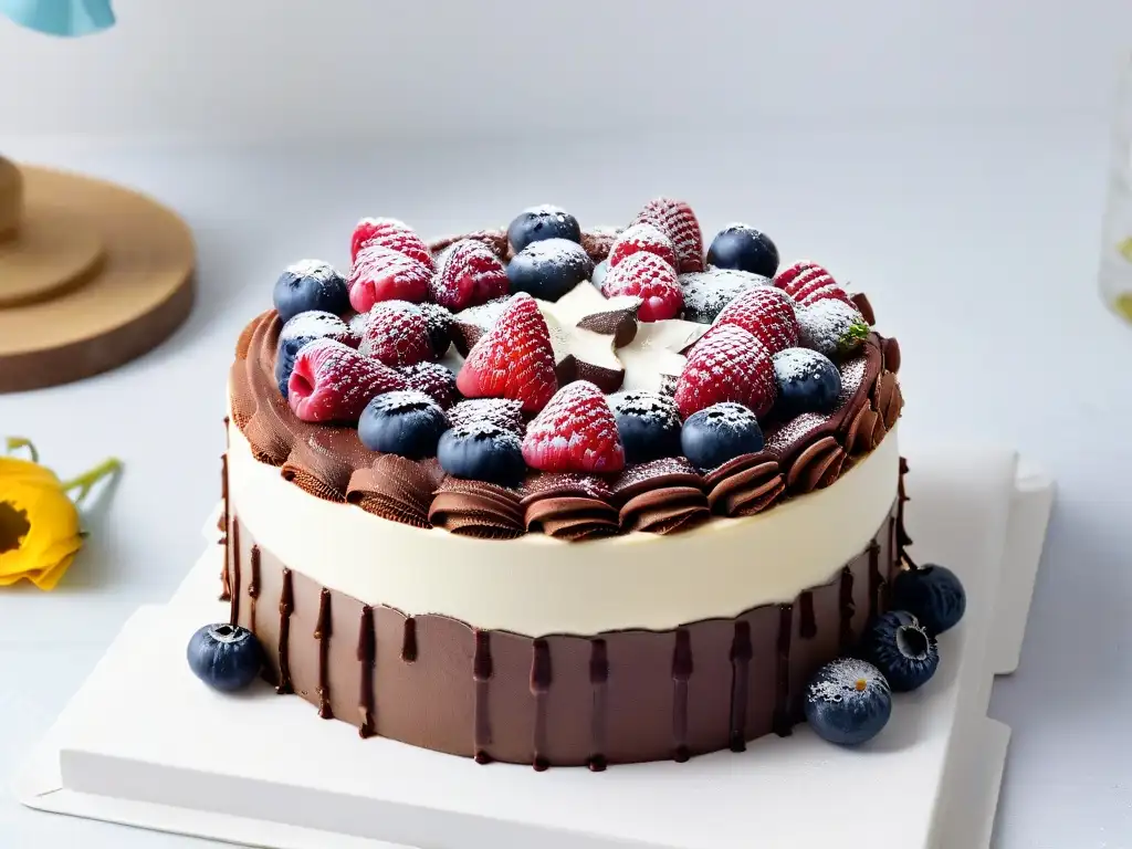 Delicioso pastel vegano keto de chocolate con bayas y flores Un exquisito pastel vegano keto de chocolate decorado con frutas y flores comestibles, elegante y sofisticado
