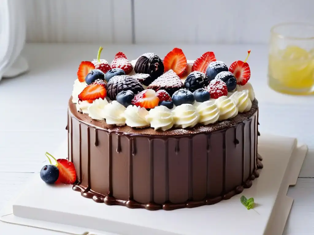 Un exquisito pastel vegano de chocolate con ganache brillante, decorado con frutas y flores comestibles