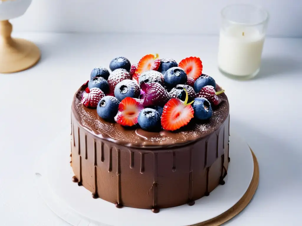 Un exquisito pastel vegano de chocolate decorado con frutas frescas y flores comestibles