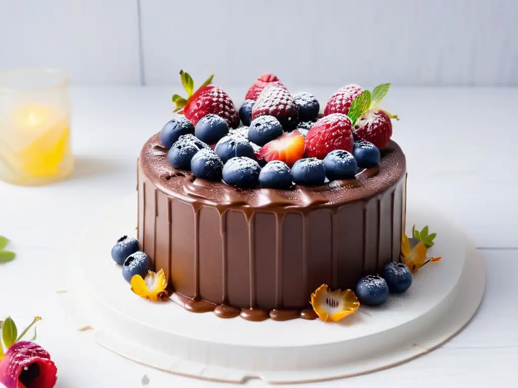 Un exquisito pastel vegano de chocolate con frutos rojos, salsa de caramelo vegana y flores comestibles, presentado en un plato blanco