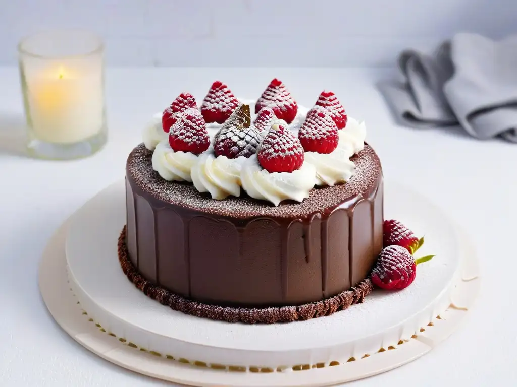 Delicioso pastel vegano de chocolate con crema agria y frambuesas Exquisito pastel vegano de chocolate con crema agria, frambuesas frescas y cacao en un elegante plato blanco