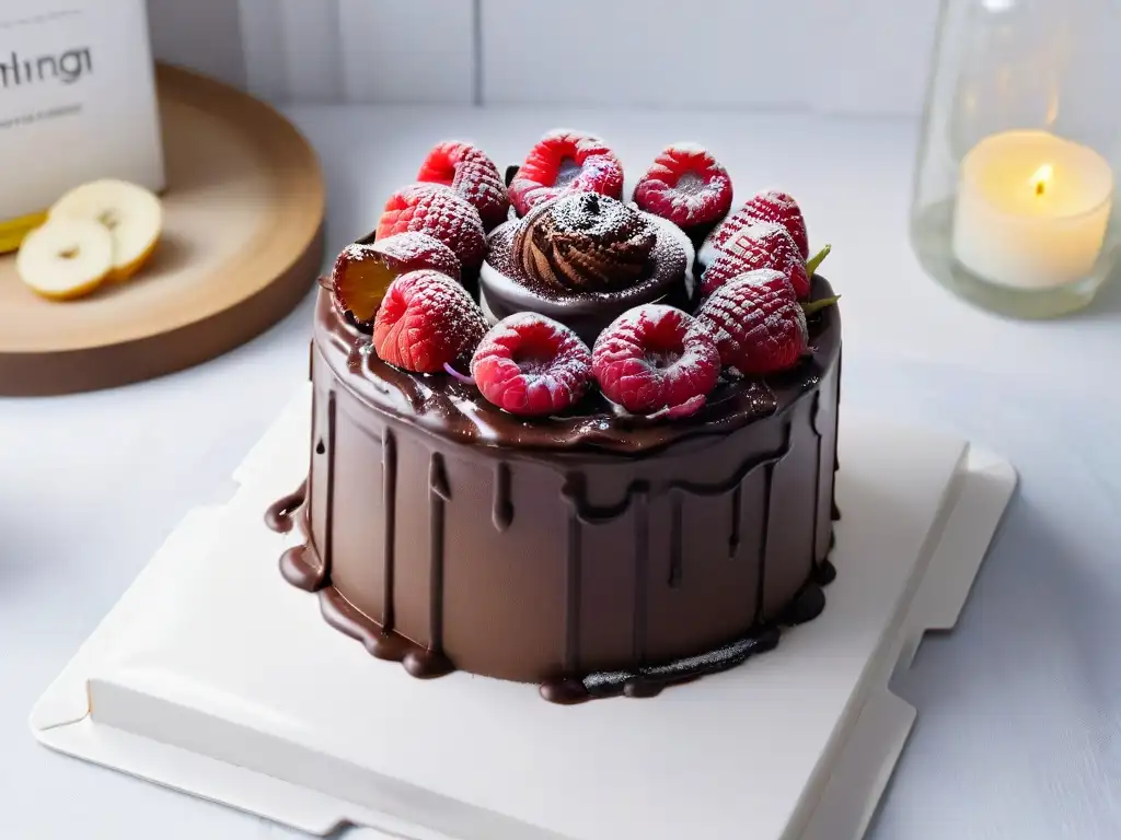 Delicioso pastel vegano de chocolate con frosting de coco y ganache Un exquisito pastel vegano de chocolate decorado con crema de coco y ganache, rodeado de frambuesas y cacao