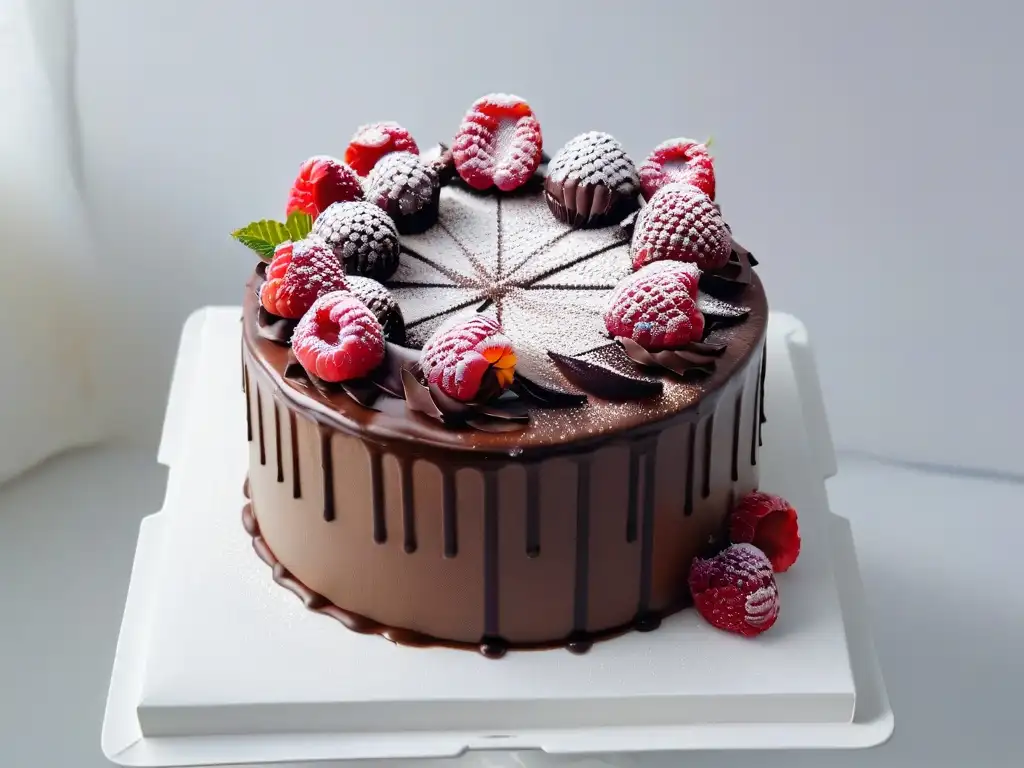 Exquisito pastel vegano de chocolate con ganache y frutas, sobre base blanca