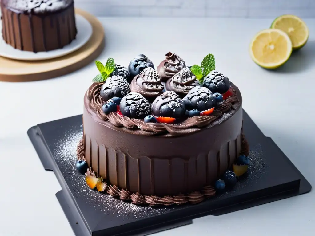Un exquisito pastel vegano de chocolate con bayas frescas y hojas de menta sobre un elegante plato negro mate