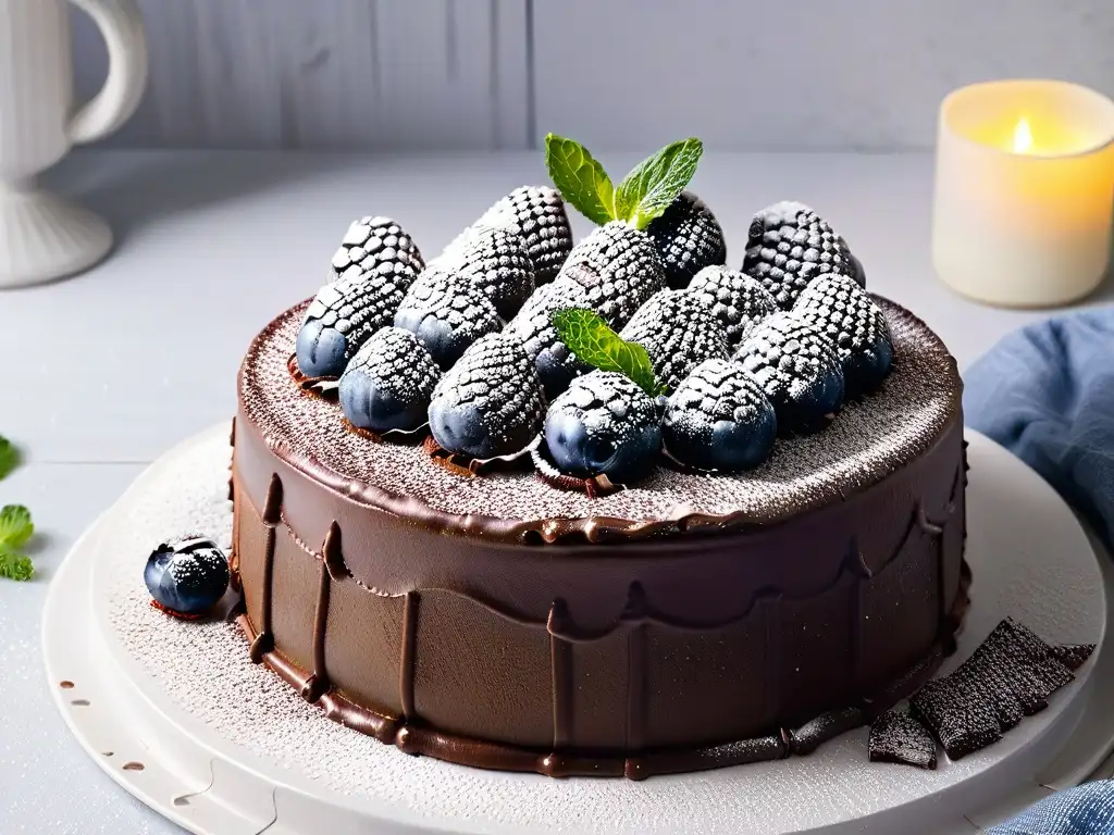 Un exquisito pastel vegano de chocolate con frutas frescas y menta, en un elegante plato blanco, sobre fondo moderno