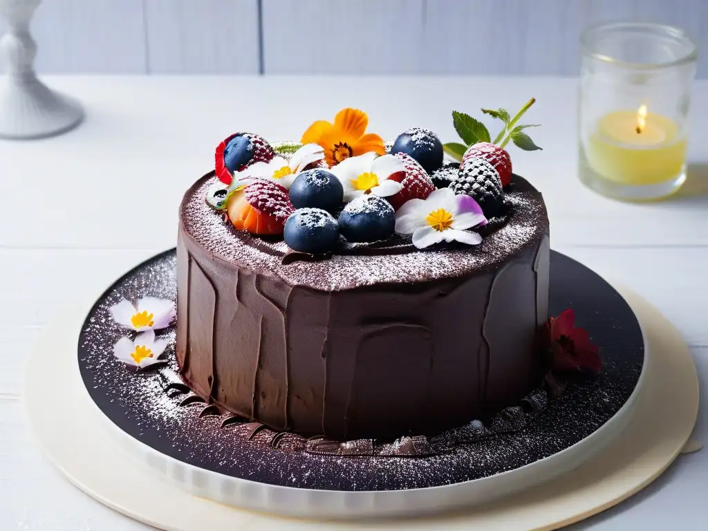 Un exquisito pastel vegano de chocolate con superalimentos en repostería sostenible, decorado con frutas y flores frescas