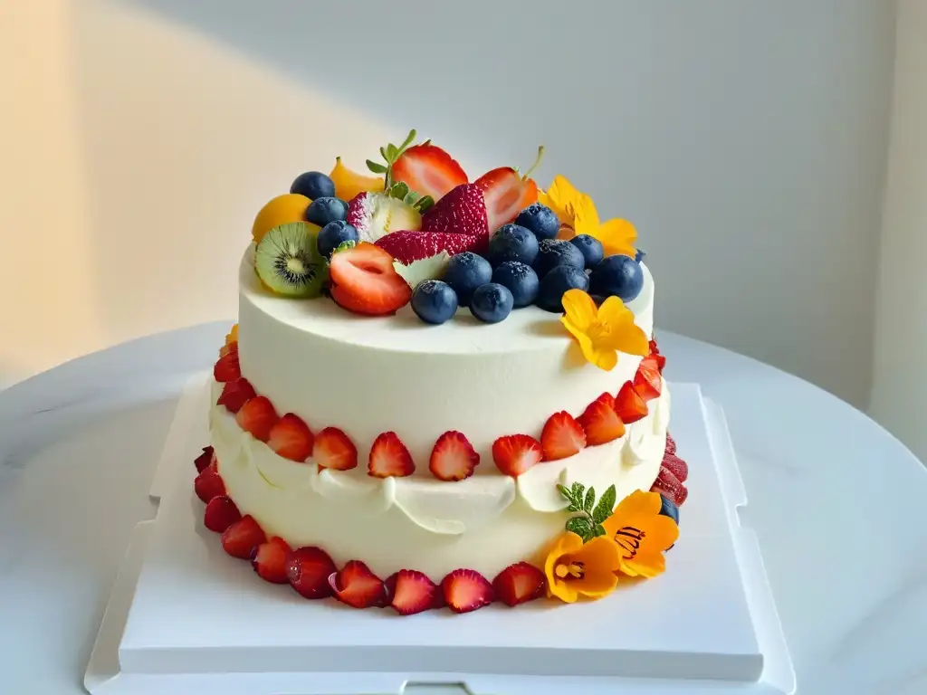 Un exquisito pastel vegano decorado con frutas frescas y flores comestibles, en un elegante mostrador de mármol