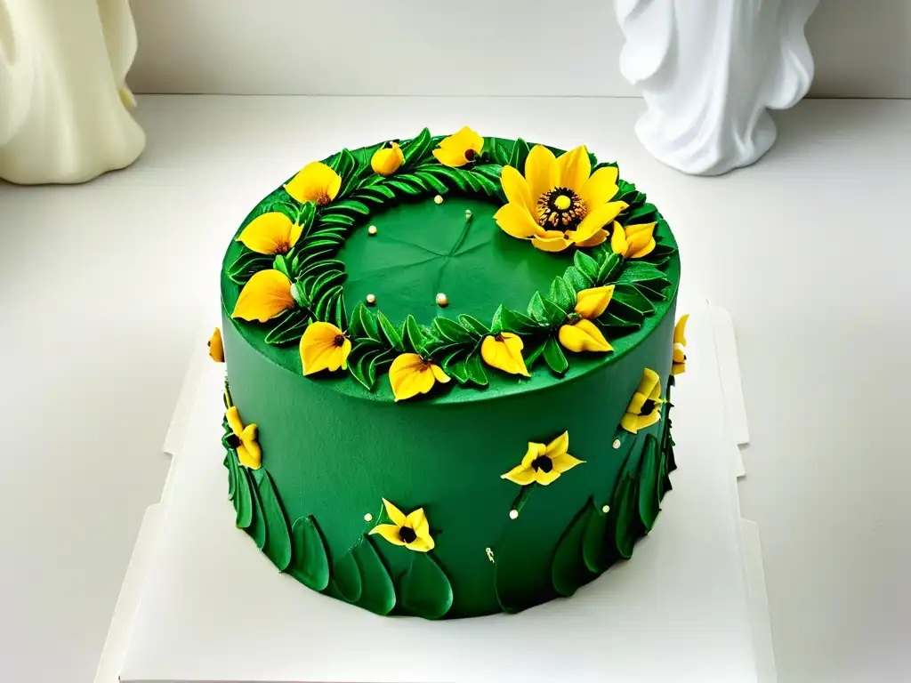 Un exquisito pastel vegano decorado con flores en tonos naturales, sobre fondo blanco