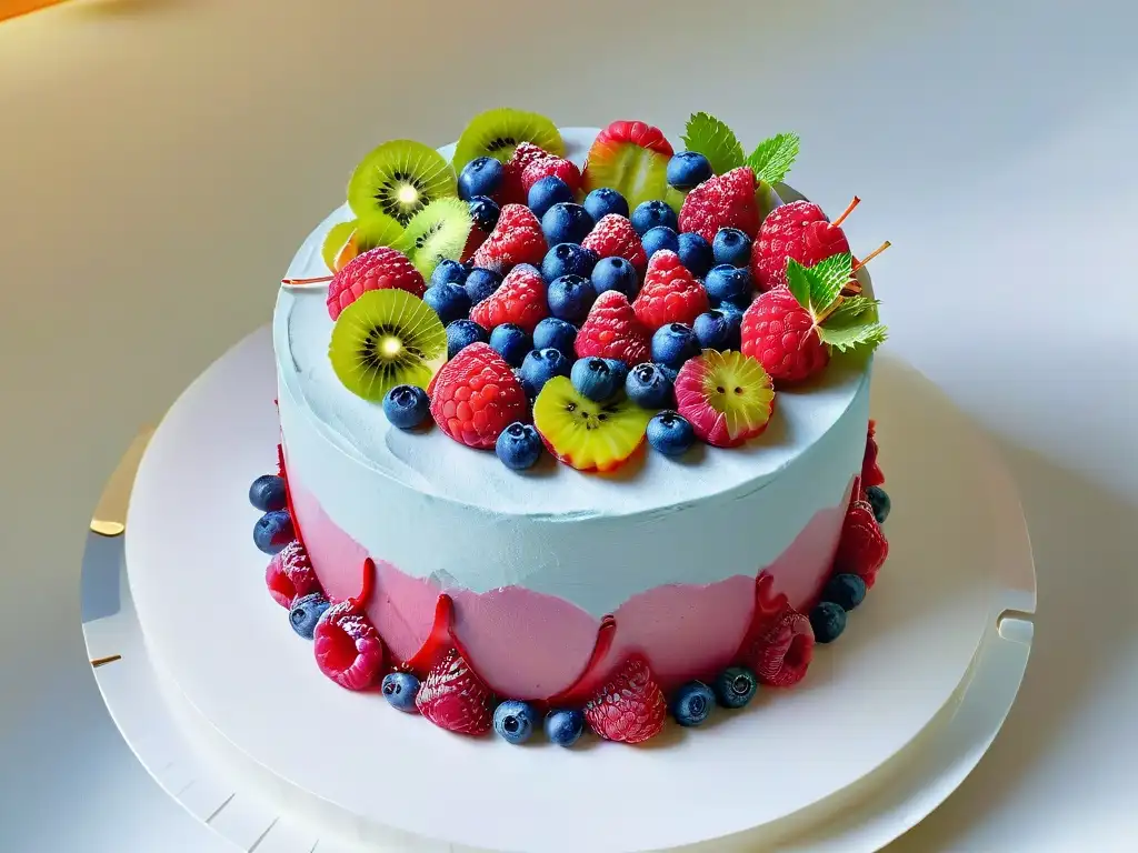 Un exquisito pastel vegano decorado con frutas vibrantes