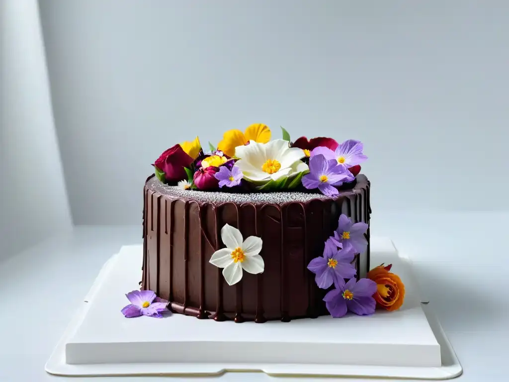 Un exquisito pastel vegano decorado con flores comestibles, ideal para eventos especiales de repostería vegana