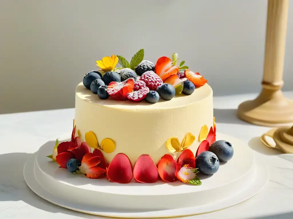 Un exquisito pastel vegano decorado con flores comestibles y frutas, en una elegante cocina moderna