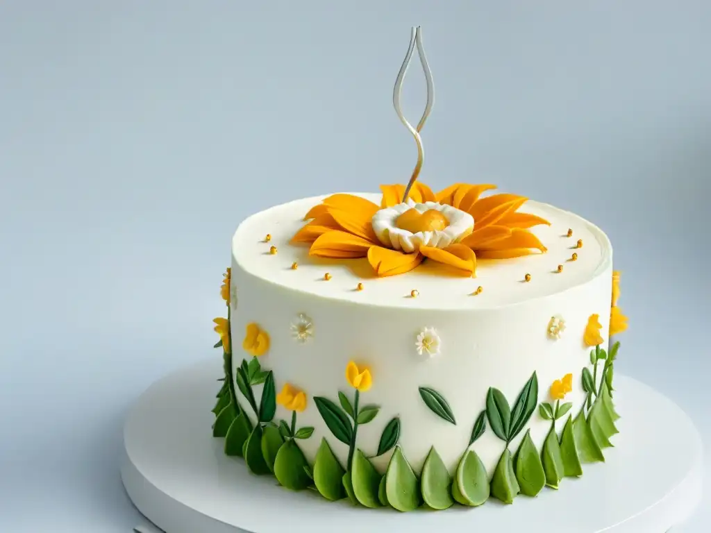 Un exquisito pastel vegano decorado con flores, perfecto para Libros electrónicos repostería vegana