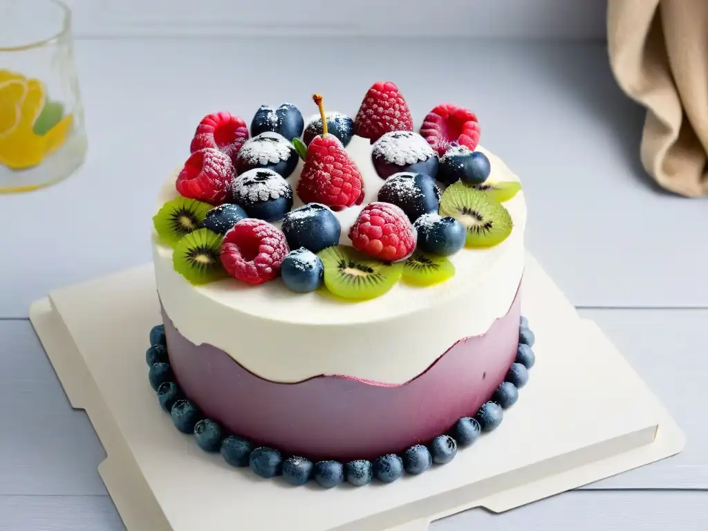 Exquisita tarta vegana decorada con frutas vibrantes Un exquisito pastel vegano decorado con frutas coloridas y detalladas flores, sobre fondo blanco