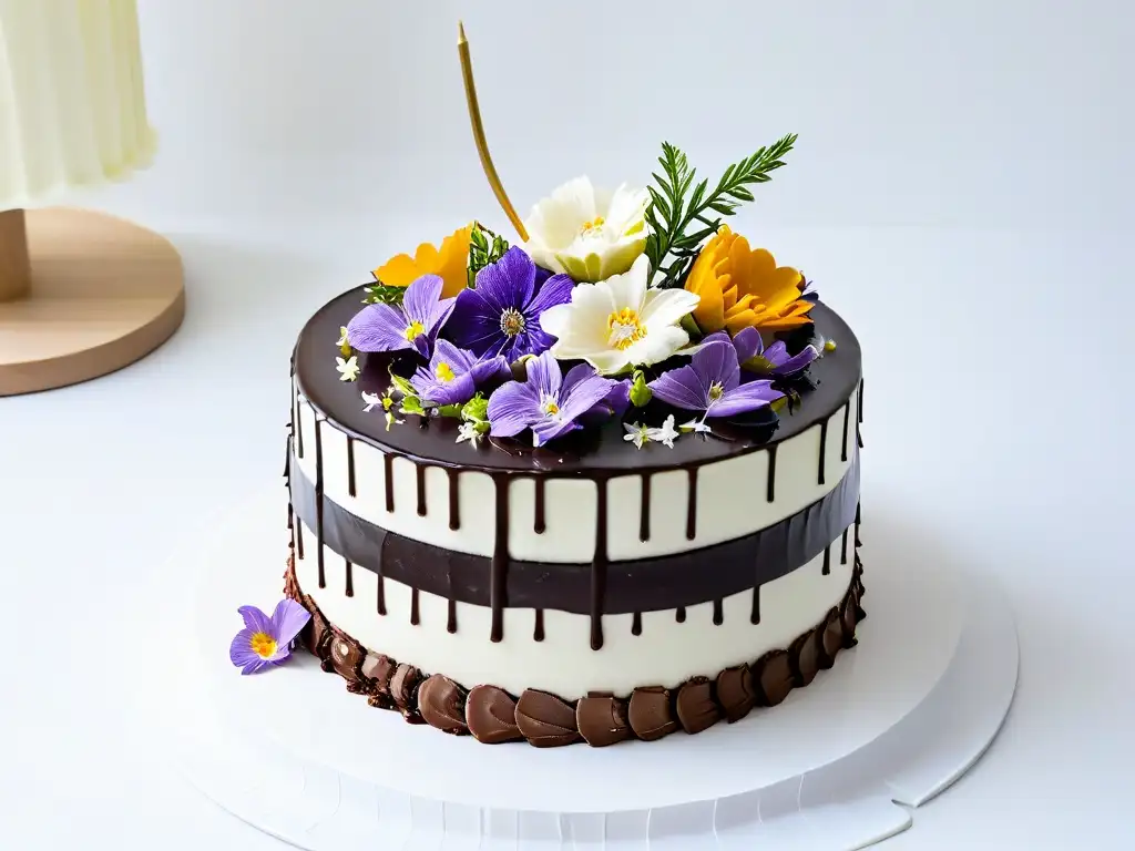 Un exquisito pastel vegano sin gluten con flores comestibles y ganache de chocolate, sobre un elegante soporte de pastel