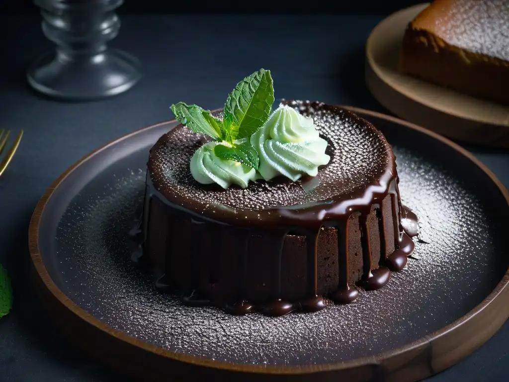 Un exquisito pastel vegano de lava de chocolate con salsa, azúcar glass y menta fresca