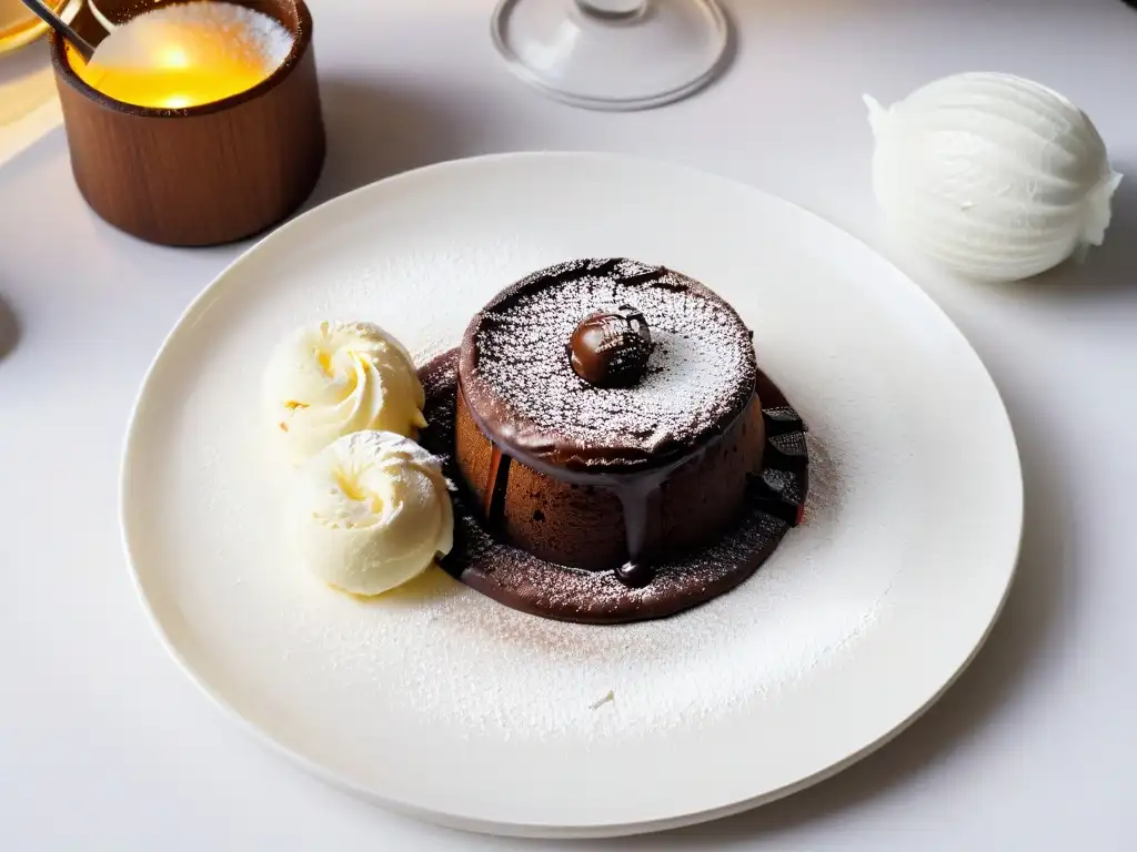 Un exquisito pastel vegano de lava de chocolate con helado de vainilla sin lácteos, ideal para disfrutar en invierno