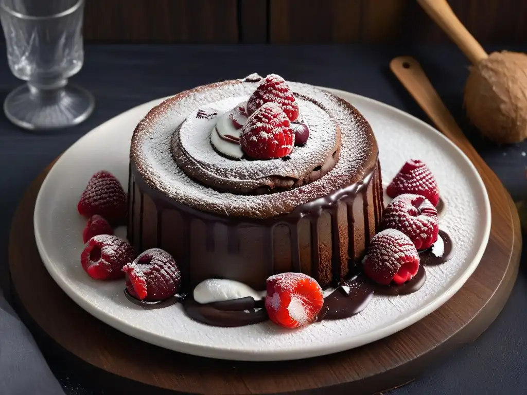 Un exquisito pastel vegano de lava de chocolate con helado de vainilla y frambuesas frescas