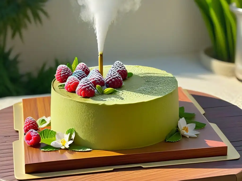 Un exquisito pastel vegano de matcha con frambuesas y flores comestibles en un jardín japonés, fusionando ingredientes asiáticos