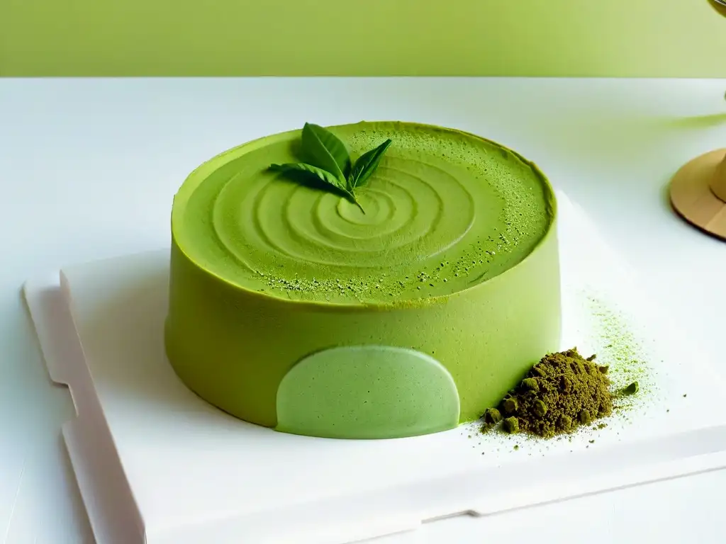 Un exquisito pastel de té verde infusionado con matcha, servido con elegancia en plato de porcelana blanco