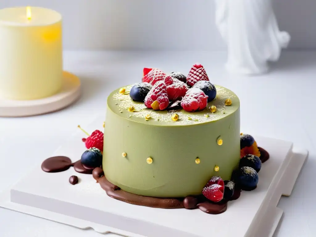 Un exquisito pastel de mousse de té verde matcha con hojuelas de oro, frambuesas y ganache de chocolate, sobre fondo de cerezos en flor