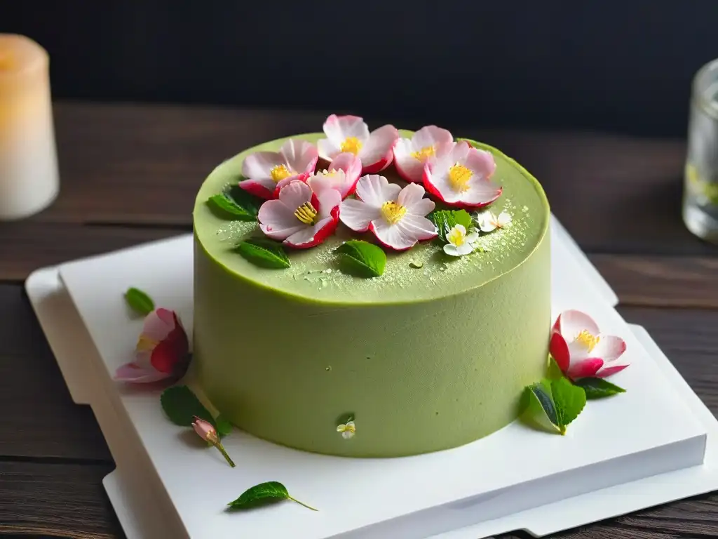 Exquisito pastel de mousse de té verde matcha con flores de cerezo comestibles, en plato blanco sobre mesa de madera oscura